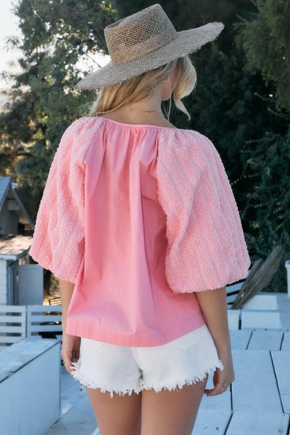 ODDI Full Size Poplin Bubble Sleeve Blouse - Love Salve